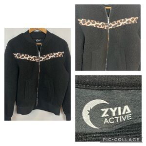 Zyia Active Leopard Flying V Teddy Fleece Black Jacket - Size Small